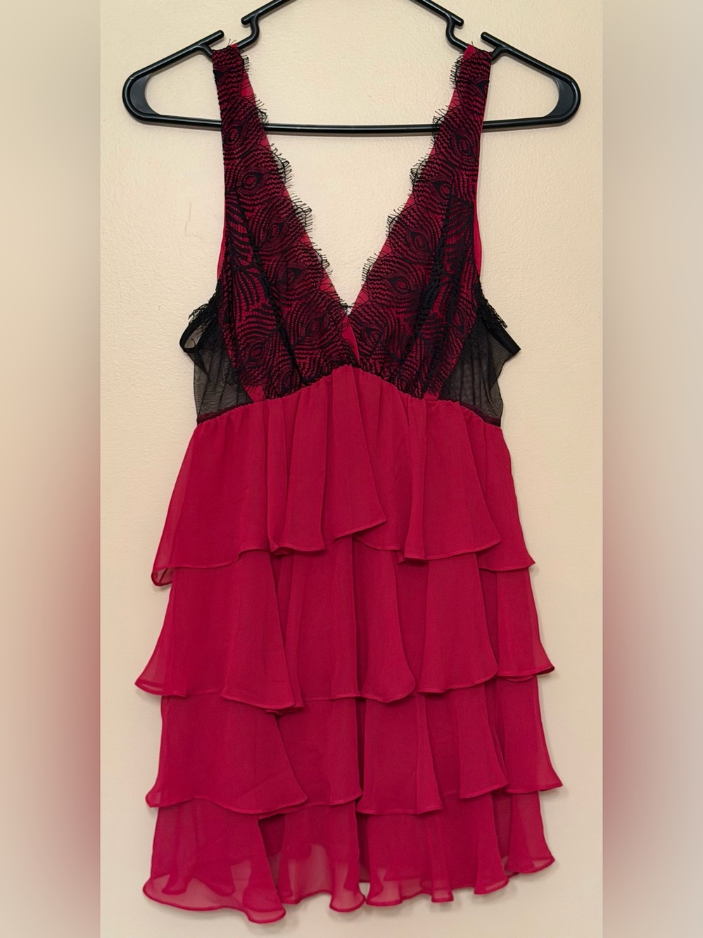 Flora Nikrooz Tiered Red Chiffon w/ Black Lace trimmed camisole top